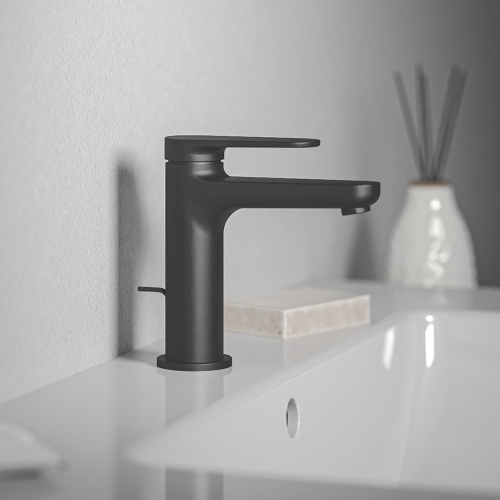 Immagine di Ideal Standard CERAFINE O miscelatore monocomando H.15 cm per lavabo, con asta di comando, scarico piletta da 1-1/4" e sistema BlueStart, colore nero finitura opaco BD769XG