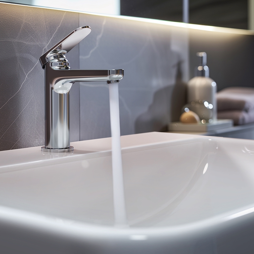 Immagine di Ideal Standard CERAFINE O miscelatore monocomando H.15 cm per lavabo, senza asta di comando e scarico piletta, sistema BlueStart, finitura cromo BD768AA