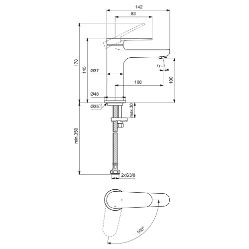 Immagine di Ideal Standard CERAFINE O miscelatore monocomando H.15 cm per lavabo, senza asta di comando e scarico piletta, sistema BlueStart, colore nero finitura opaco BD768XG