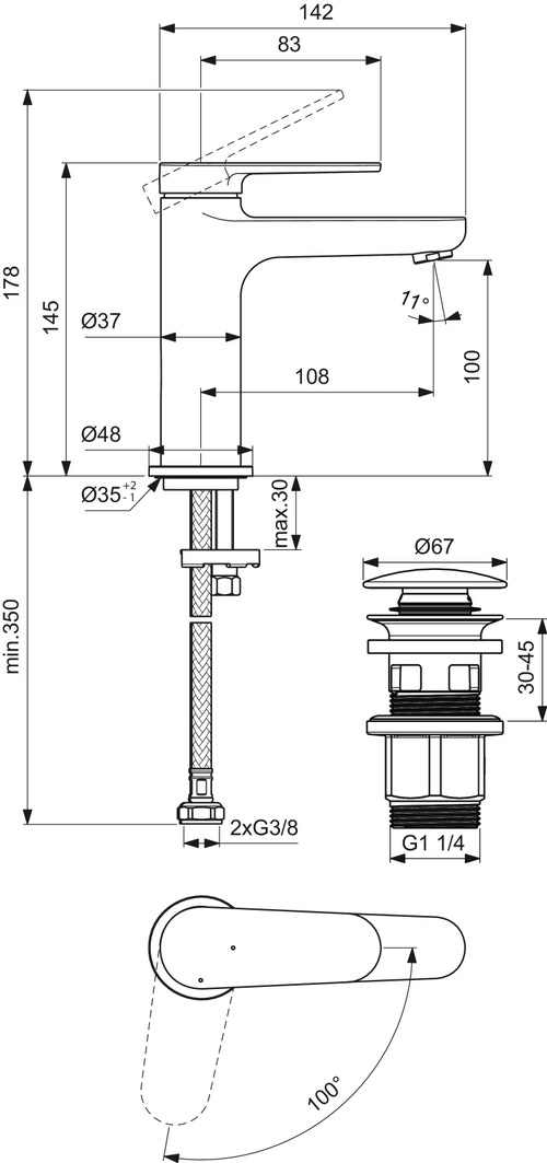 Immagine di Ideal Standard CERAFINE O miscelatore monocomando H.15 cm per lavabo, scarico piletta Click-Clack e sistema BlueStart, colore nero finitura opaco BD965XG