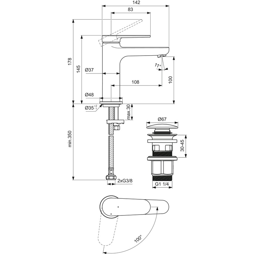 Immagine di Ideal Standard CERAFINE O miscelatore monocomando H.15 cm per lavabo, scarico piletta Click-Clack e sistema BlueStart, colore nero finitura opaco BD965XG
