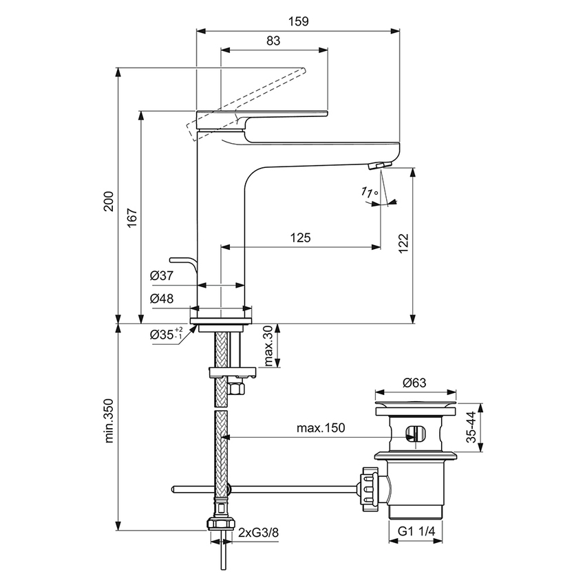 Immagine di Ideal Standard CERAFINE O miscelatore monocomando H.17 cm per lavabo, con asta di comando e scarico piletta da 1-1/4", colore nero finitura opaco BD909XG