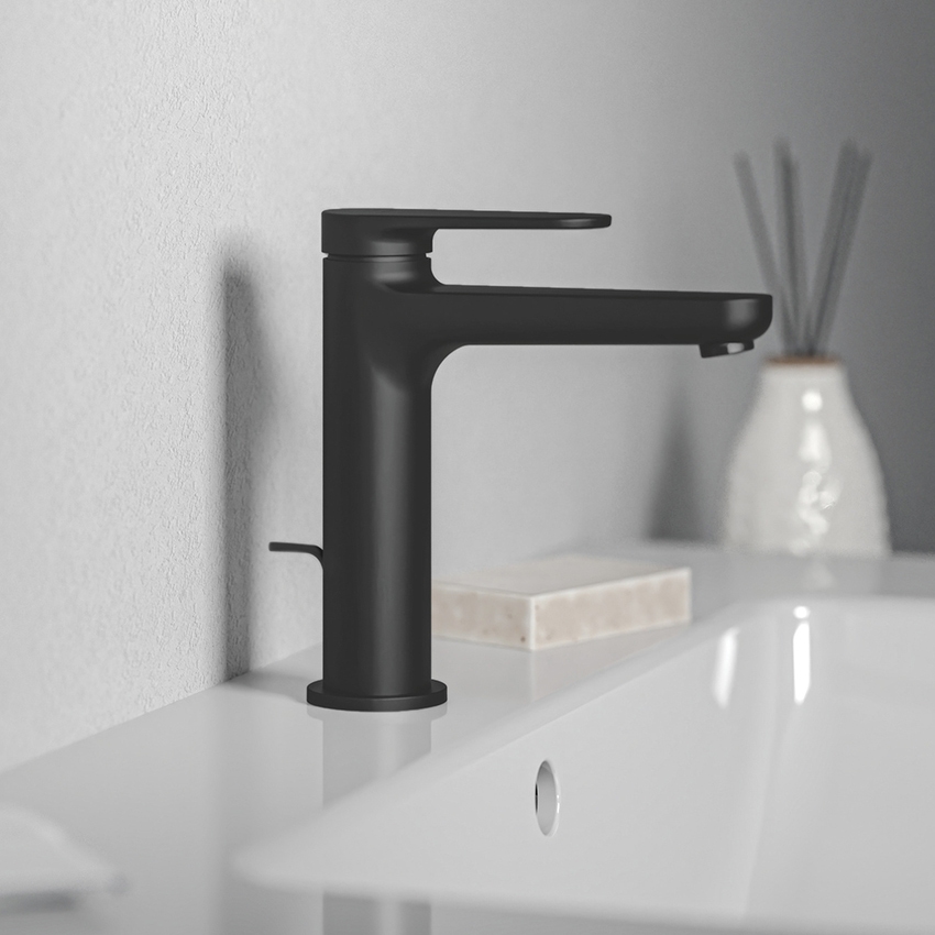 Immagine di Ideal Standard CERAFINE O miscelatore monocomando H.17 cm per lavabo, con asta di comando e scarico piletta da 1-1/4", colore nero finitura opaco BD909XG
