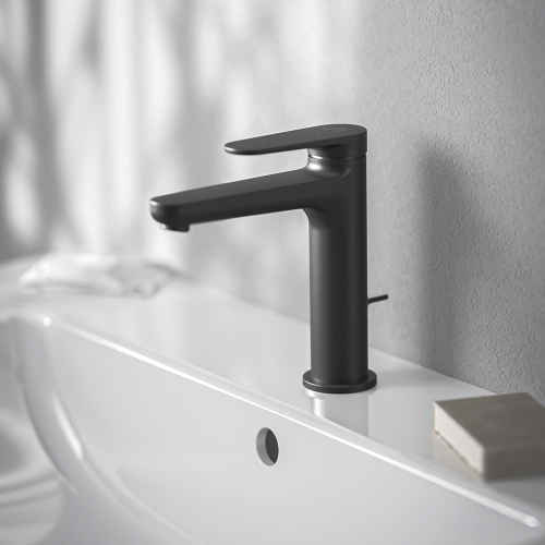 Immagine di Ideal Standard CERAFINE O miscelatore monocomando H.17 cm per lavabo, con asta di comando e scarico piletta da 1-1/4", con sistema BlueStart, colore nero finitura opaco BD771XG