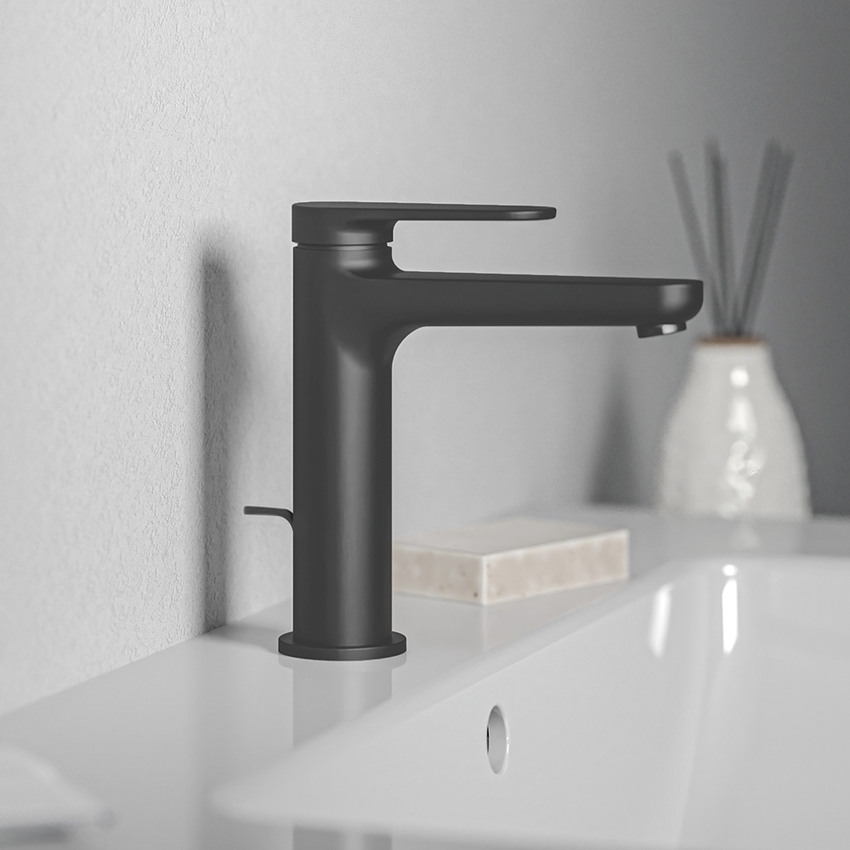 Immagine di Ideal Standard CERAFINE O miscelatore monocomando H.17 cm per lavabo, con asta di comando e scarico piletta da 1-1/4", con sistema BlueStart, colore nero finitura opaco BD771XG