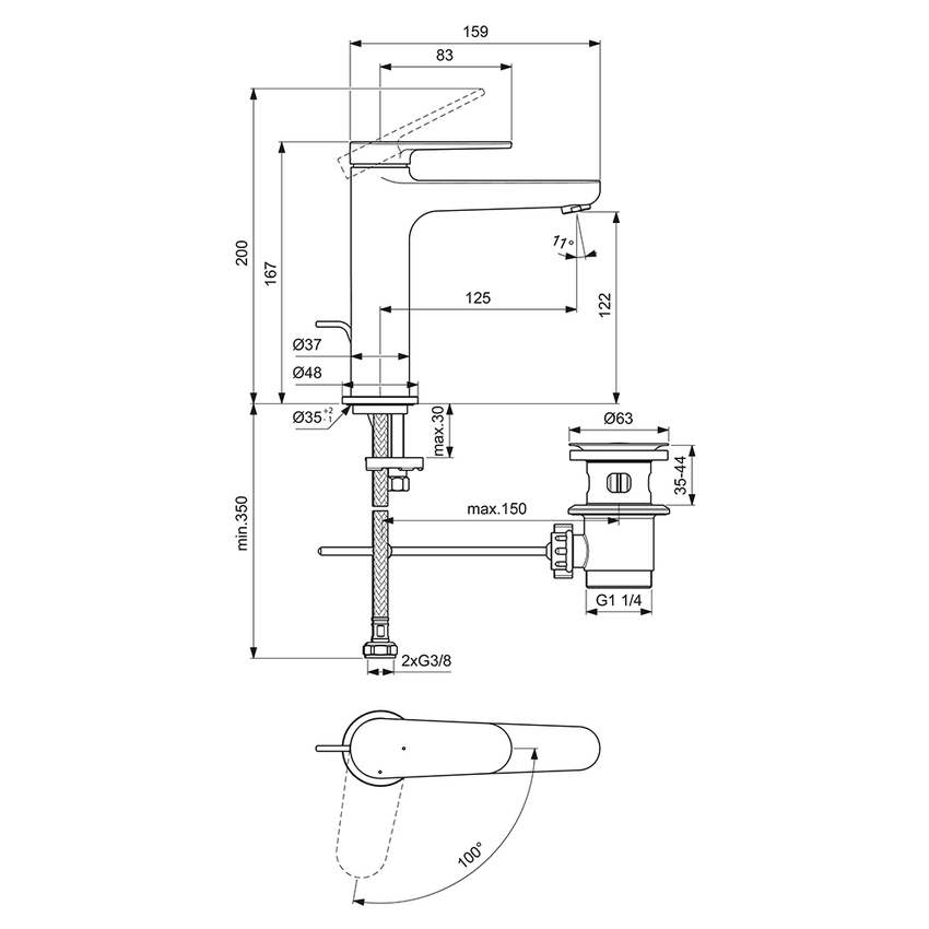 Immagine di Ideal Standard CERAFINE O miscelatore monocomando H.17 cm per lavabo, con asta di comando e scarico piletta da 1-1/4", con sistema BlueStart, colore nero finitura opaco BD771XG