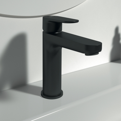 Immagine di Ideal Standard CERAFINE O miscelatore monocomando per lavabo H.18 cm, senza asta di comando e scarico piletta, colore nero finitura opaco BC554XG