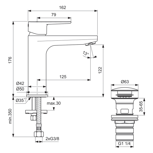 Immagine di Ideal Standard CERAFINE O miscelatore monocomando H.18 cm per lavabo, scarico piletta Click-Clack, finitura silver BD131SI