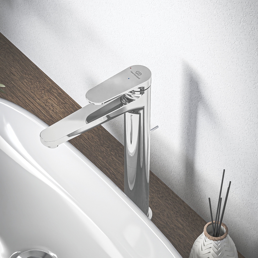 Immagine di Ideal Standard CERAFINE O miscelatore monocomando H.29 cm per lavabo, con asta di comando e scarico piletta da 1-1/4", con sistema BlueStart, finitura cromo BD774AA