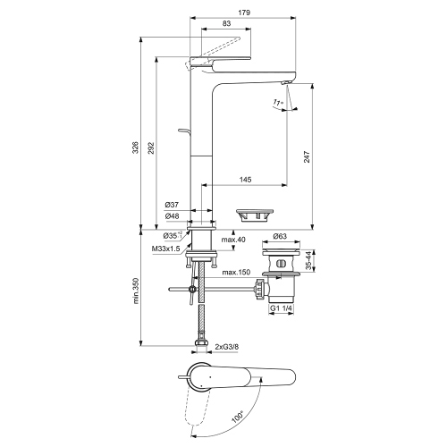 Immagine di Ideal Standard CERAFINE O miscelatore monocomando H.29 cm per lavabo, con asta di comando e scarico piletta da 1-1/4", con sistema BlueStart, colore nero finitura opaco BD774XG
