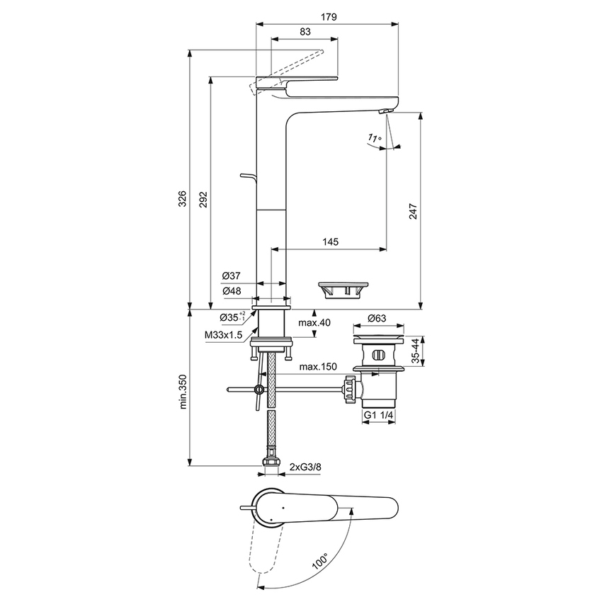 Immagine di Ideal Standard CERAFINE O miscelatore monocomando H.29 cm per lavabo, con asta di comando e scarico piletta da 1-1/4", con sistema BlueStart, colore nero finitura opaco BD774XG