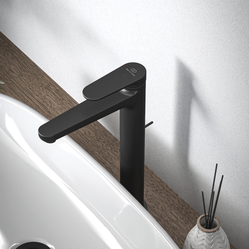Immagine di Ideal Standard CERAFINE O miscelatore monocomando H.29 cm per lavabo, con asta di comando e scarico piletta da 1-1/4", con sistema BlueStart, colore nero finitura opaco BD774XG