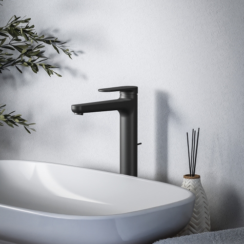 Immagine di Ideal Standard CERAFINE O miscelatore monocomando H.29 cm per lavabo, con asta di comando e scarico piletta da 1-1/4", con sistema BlueStart, colore nero finitura opaco BD774XG