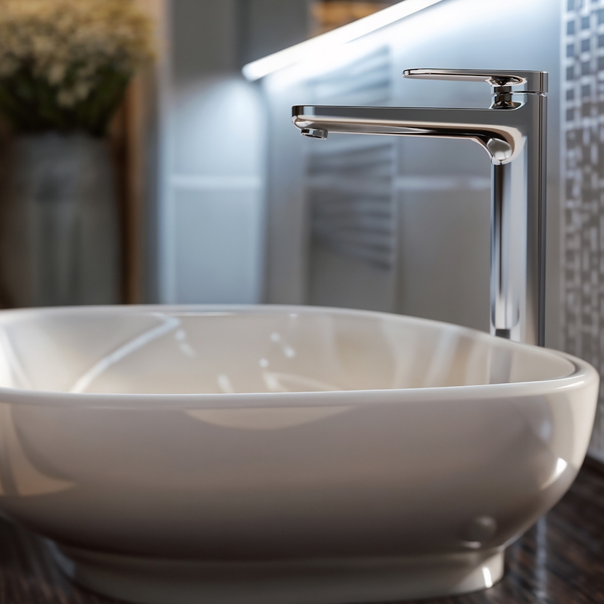 Immagine di Ideal Standard CERAFINE O miscelatore monocomando H.29 cm per lavabo, senza asta di comando e scarico piletta, con sistema BlueStart, finitura cromo BD773AA