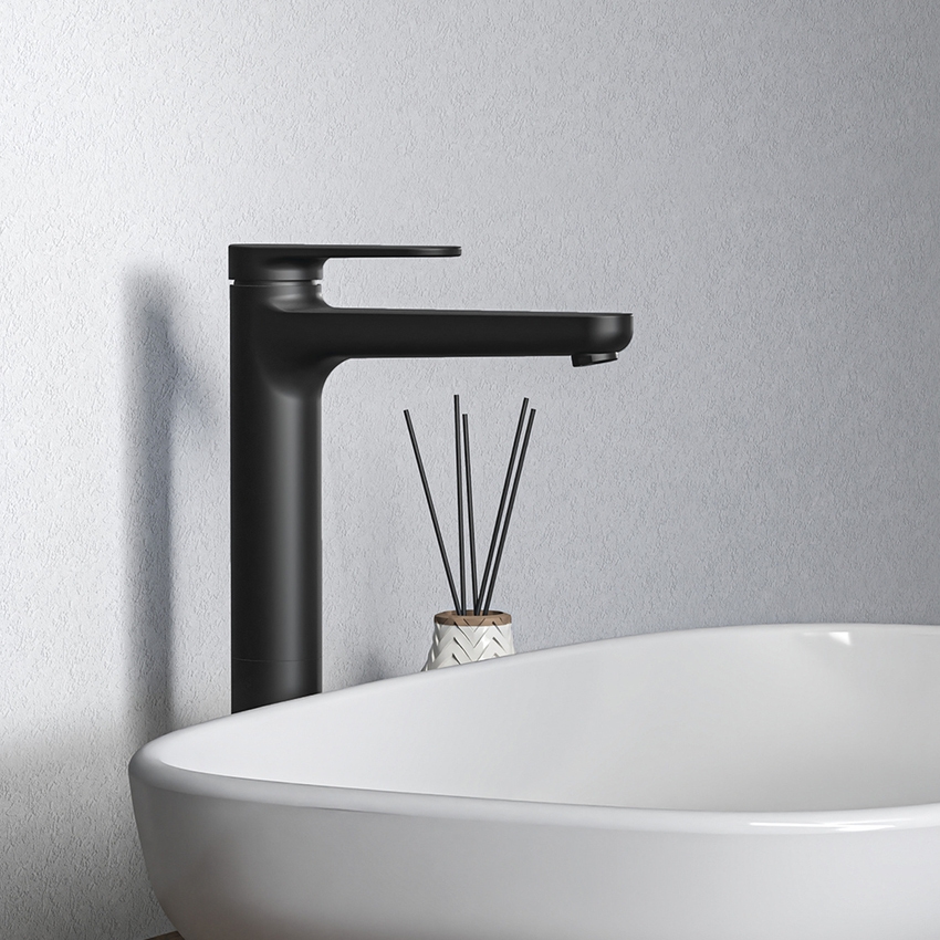 Immagine di Ideal Standard CERAFINE O miscelatore monocomando H.29 cm per lavabo, senza asta di comando e scarico piletta, con sistema BlueStart, colore nero finitura opaco BD773XG