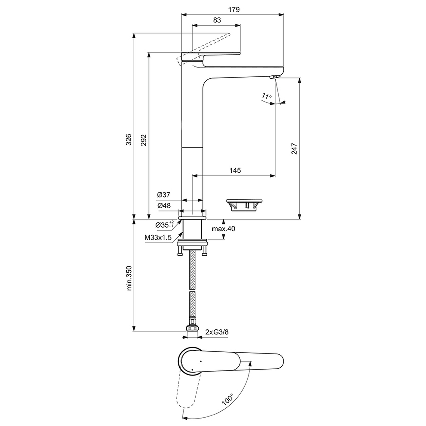 Immagine di Ideal Standard CERAFINE O miscelatore monocomando H.29 cm per lavabo, senza asta di comando e scarico piletta, con sistema BlueStart, colore nero finitura opaco BD773XG
