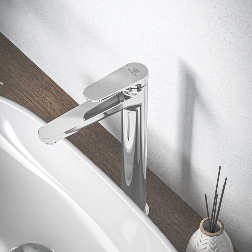 Immagine di Ideal Standard CERAFINE O miscelatore monocomando H.29 cm per lavabo, scarico piletta Click-Clack, con sistema BlueStart, finitura cromo BD966AA