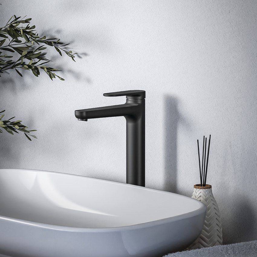 Immagine di Ideal Standard CERAFINE O miscelatore monocomando H.29 cm per lavabo, con scarico piletta Click-Clack, con sistema BlueStart, colore nero finitura opaco BD966XG