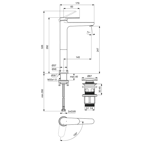Immagine di Ideal Standard CERAFINE O miscelatore monocomando H.29 cm per lavabo, con scarico piletta Click-Clack, con sistema BlueStart, colore nero finitura opaco BD966XG
