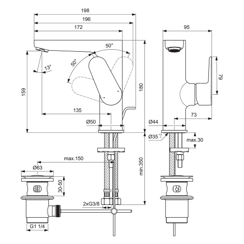 Immagine di Ideal Standard CERAFINE O miscelatore monocomando per lavabo, con asta di comando e scarico piletta da 1-1/4", comando laterale, colore nero finitura opaco BC703XG