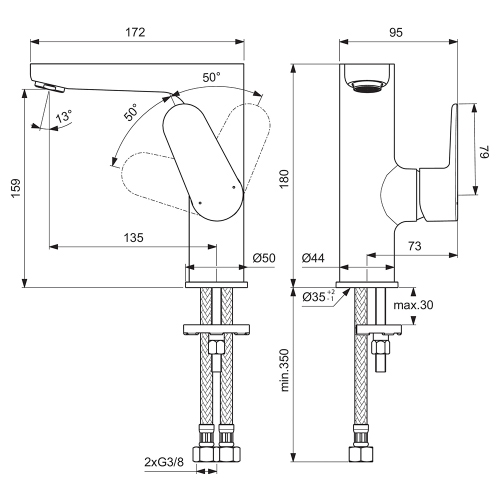 Immagine di Ideal Standard CERAFINE O miscelatore monocomando per lavabo, senza asta di comando e scarico piletta, comando laterale, colore nero finitura opaco BC555XG