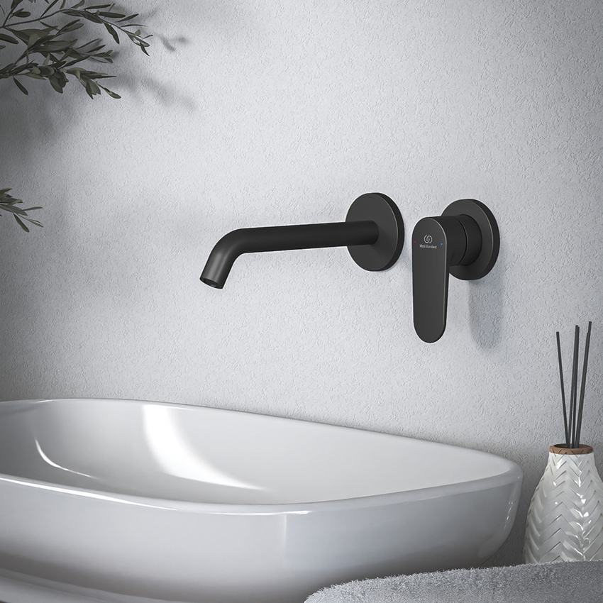 Immagine di Ideal Standard CERAFINE O miscelatore monocomando P.19 cm per lavabo, a parete, senza corpo incasso, colore nero finitura opaco BD776XG