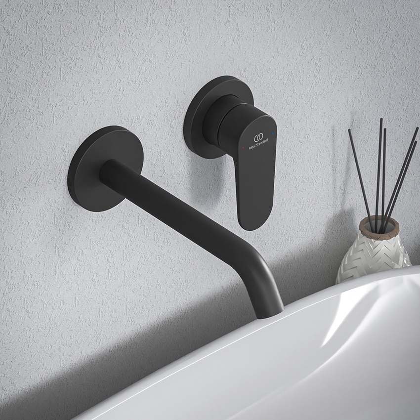 Immagine di Ideal Standard CERAFINE O miscelatore monocomando P.19 cm per lavabo, a parete, senza corpo incasso, colore nero finitura opaco BD776XG