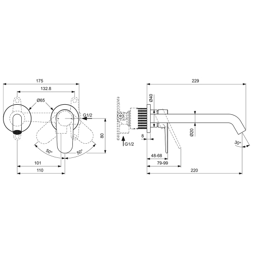 Immagine di Ideal Standard CERAFINE O miscelatore monocomando P.23 cm per lavabo, a parete, senza corpo incasso, colore nero finitura opaco BD911XG