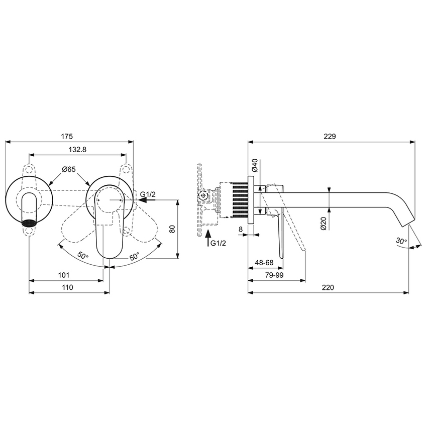 Immagine di Ideal Standard CERAFINE O miscelatore monocomando P.23 cm per lavabo, a parete, senza corpo incasso, colore nero finitura opaco BD911XG