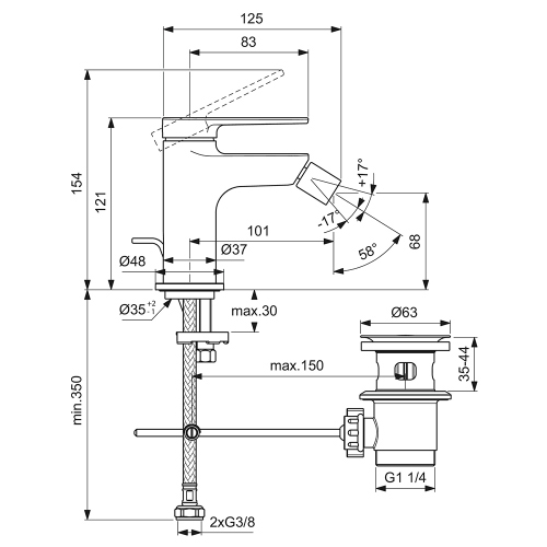 Immagine di Ideal Standard CERAFINE O miscelatore monocomando P.13 cm per bidet, con asta di comando e scarico piletta da 1-1/4", finitura cromo BD775AA