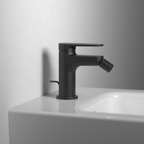Immagine di Ideal Standard CERAFINE O miscelatore monocomando P.13 cm per bidet, con asta di comando e scarico piletta da 1-1/4", colore nero finitura opaco BD775XG