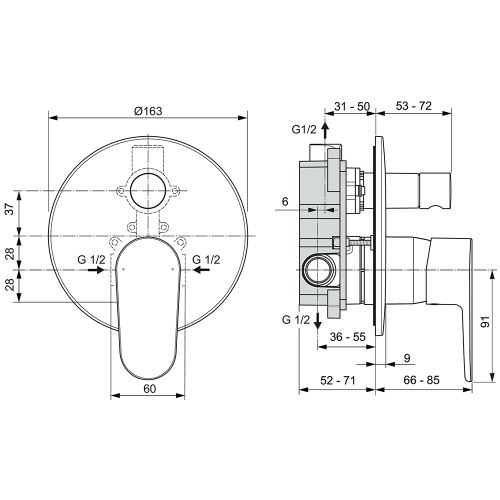 Immagine di Ideal Standard CERAFINE O miscelatore monocomando ad incasso per doccia 2 vie, senza corpo incasso, con limitatore della temperatura e deviatore, finitura cromo A7195AA