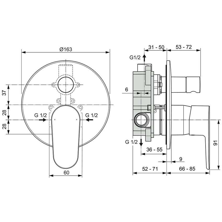 Immagine di Ideal Standard CERAFINE O miscelatore monocomando ad incasso per doccia 2 vie, senza corpo incasso, con limitatore della temperatura e deviatore, colore nero finitura opaco BD135XG