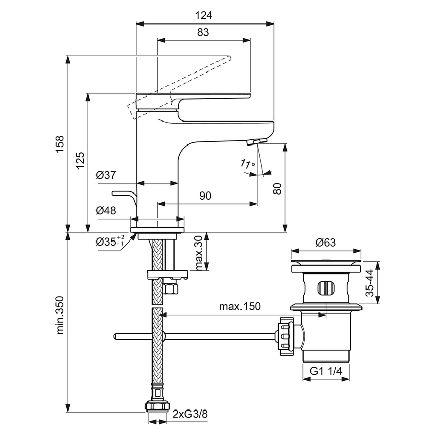 Immagine di Ideal Standard CERAFINE O miscelatore monocomando H.13 cm per lavabo, con asta di comando e scarico piletta da 1-1/4", finitura cromo BD907AA