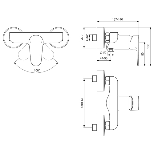 Immagine di Ideal Standard CERAFINE O miscelatore monocomando esterno per doccia, con limitatore della temperatura, valvola di ritegno e attacco per flessibile, colore nero finitura opaco BC499XG