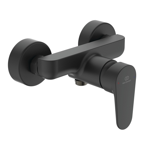 Immagine di Ideal Standard CERAFINE O miscelatore monocomando esterno per doccia, con limitatore della temperatura, valvola di ritegno e attacco per flessibile, colore nero finitura opaco BC499XG