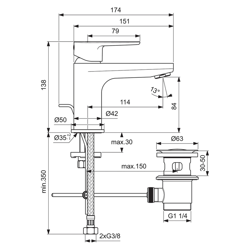 Immagine di Ideal Standard CERAFINE O miscelatore monocomando per lavabo H.14 cm, con asta di comando e scarico piletta da 1-1/4", con sistema EasyFix, finitura cromo BC698AA