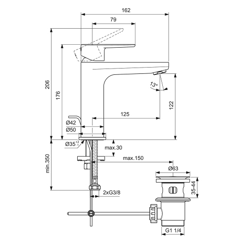 Immagine di Ideal Standard CERAFINE O miscelatore monocomando per lavabo H.18 cm, con asta di comando e scarico piletta da 1-1/4", finitura cromo BC699AA