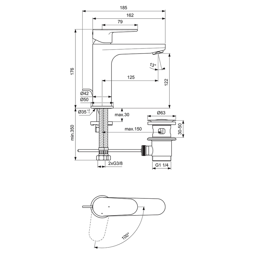 Immagine di Ideal Standard CERAFINE O miscelatore monocomando per lavabo H.18 cm, con asta di comando e scarico piletta da 1-1/4”, con sistema BlueStart, finitura cromo BC702AA