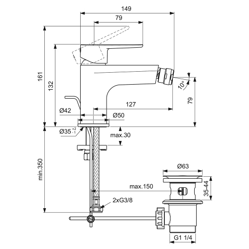 Immagine di Ideal Standard CERAFINE O miscelatore monocomando P.18 cm per bidet, con asta di comando e scarico piletta da 1-1/4", finitura cromo BC705AA