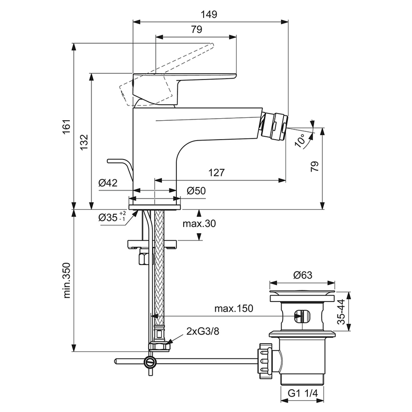 Immagine di Ideal Standard CERAFINE O miscelatore monocomando P.18 cm per bidet, con asta di comando e scarico piletta da 1-1/4", finitura cromo BC705AA