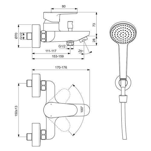 Immagine di Ideal Standard CERAFINE O miscelatore monocomando esterno per vasca/doccia, con doccetta 1 funzione, supporto a muro e tubo flessibile 150 cm, colore nero finitura opaco BC706XG