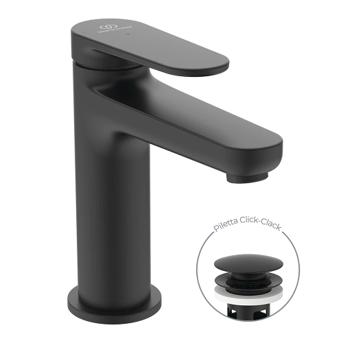 Immagine di Ideal Standard CERAFINE O miscelatore monocomando H.15 cm per lavabo, scarico piletta Click-Clack e sistema BlueStart, colore nero finitura opaco BD965XG