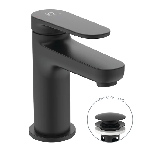 Immagine di Ideal Standard CERAFINE O miscelatore monocomando H.13 cm per lavabo, scarico piletta Click-Clack e sistema BlueStart, colore nero finitura opaco BD964XG