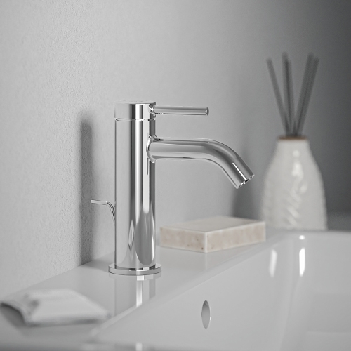 Immagine di Ideal Standard CERALINE miscelatore monocomando H.15 cm per lavabo, con asta di comando e scarico piletta da 1-1/4", con sistema BlueStart, finitura cromo BD758AA