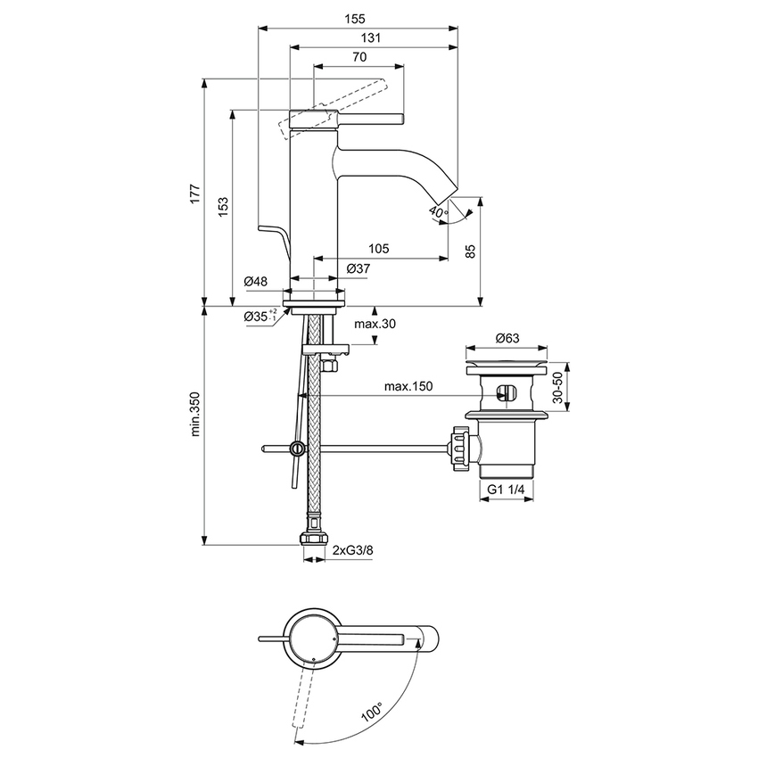 Immagine di Ideal Standard CERALINE miscelatore monocomando H.15 cm per lavabo, con asta di comando e scarico piletta da 1-1/4", con sistema BlueStart, colore nero finitura opaco BD758XG