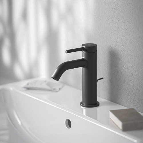 Immagine di Ideal Standard CERALINE miscelatore monocomando H.15 cm per lavabo, con asta di comando e scarico piletta da 1-1/4", con sistema BlueStart, colore nero finitura opaco BD758XG
