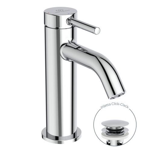 Immagine di Ideal Standard CERALINE miscelatore monocomando H.15 cm per lavabo, con piletta Click-Clack, con sistema BlueStart, finitura cromo BD759AA