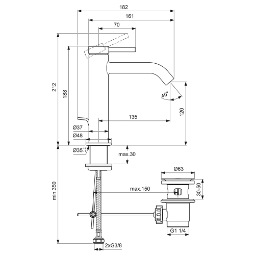 Immagine di Ideal Standard CERALINE miscelatore monocomando H.19 cm per lavabo, con asta di comando e scarico piletta da 1-1/4", finitura cromo BD847AA