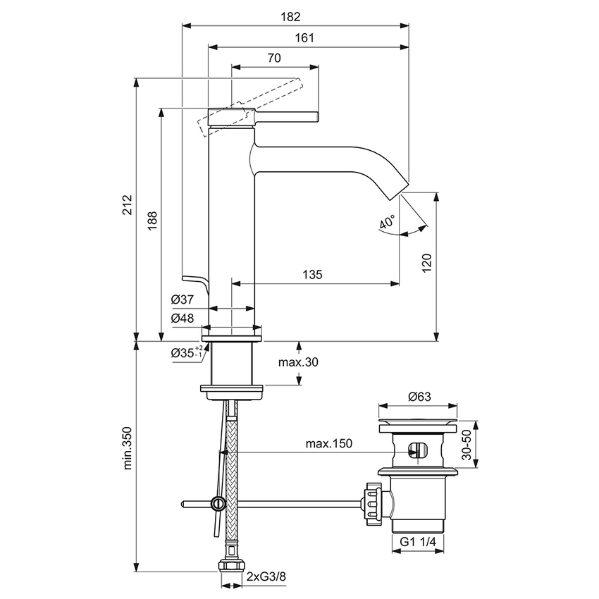 Immagine di Ideal Standard CERALINE miscelatore monocomando H.19 cm per lavabo, con asta di comando e scarico piletta da 1-1/4", finitura cromo BD847AA